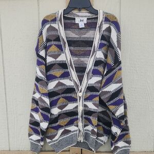 Jed Vintage 80s Coogi Style Knit Grandpa Colorful Cardigan Medium Geo Print